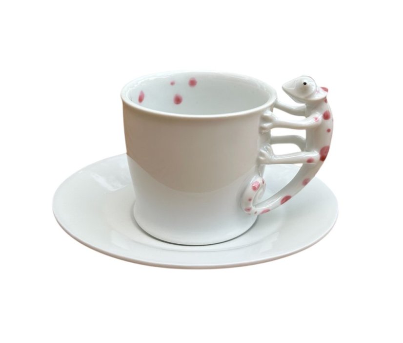 Porcelánový šálek s podšálkem Chameleón růžové puntíky